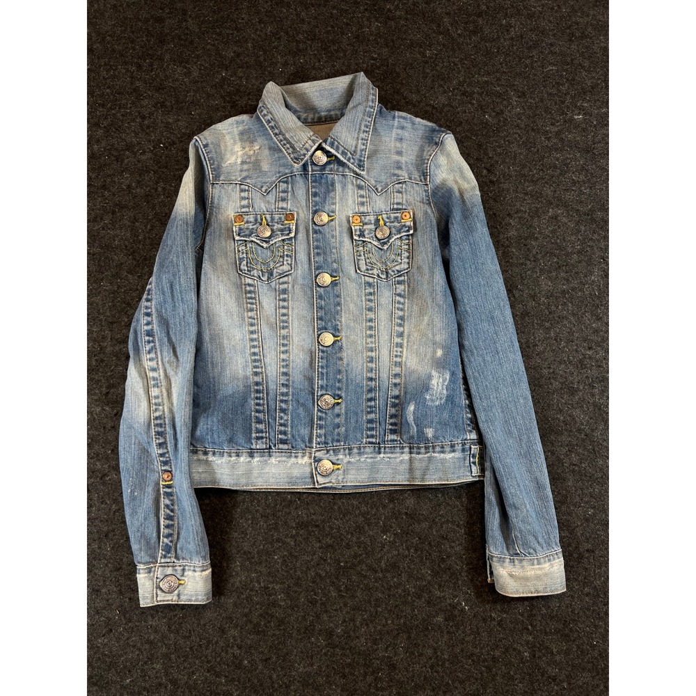 Vintage True Religion Ricky Jimmy Denim Jacket Light Wash Distressed Small Y2K